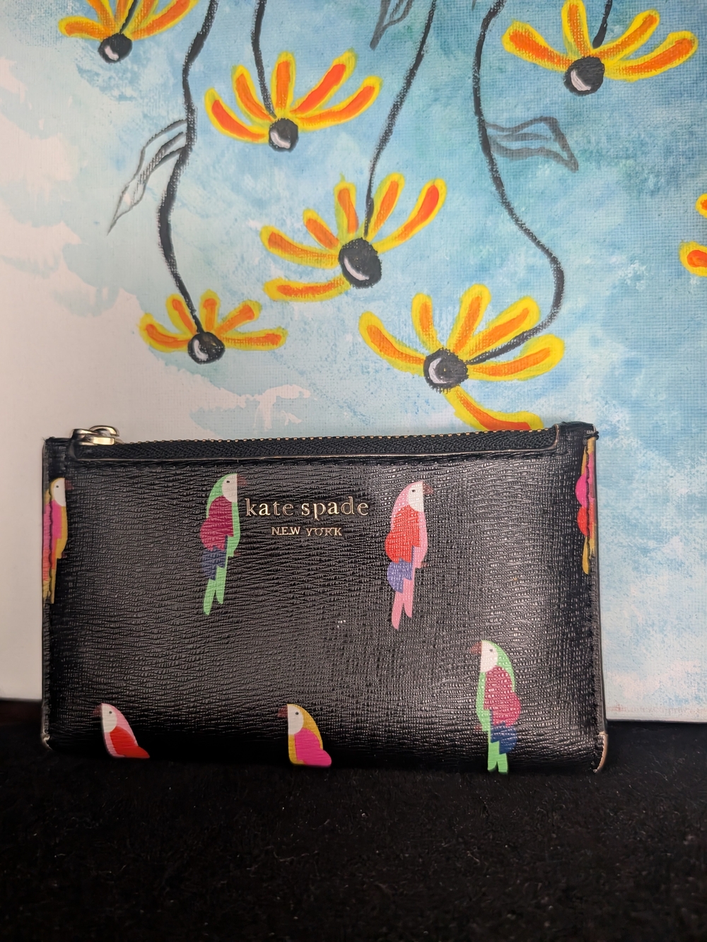 kate spade New York Black Parrot Print Zip Compact Wallet